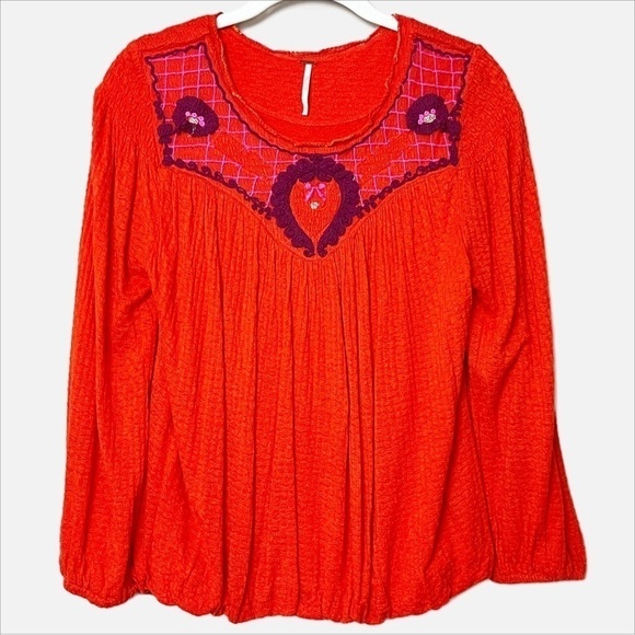 Free People Begonia Top red embroidered flowy boho blouse long sleeve bohemian - Picture 3 of 12